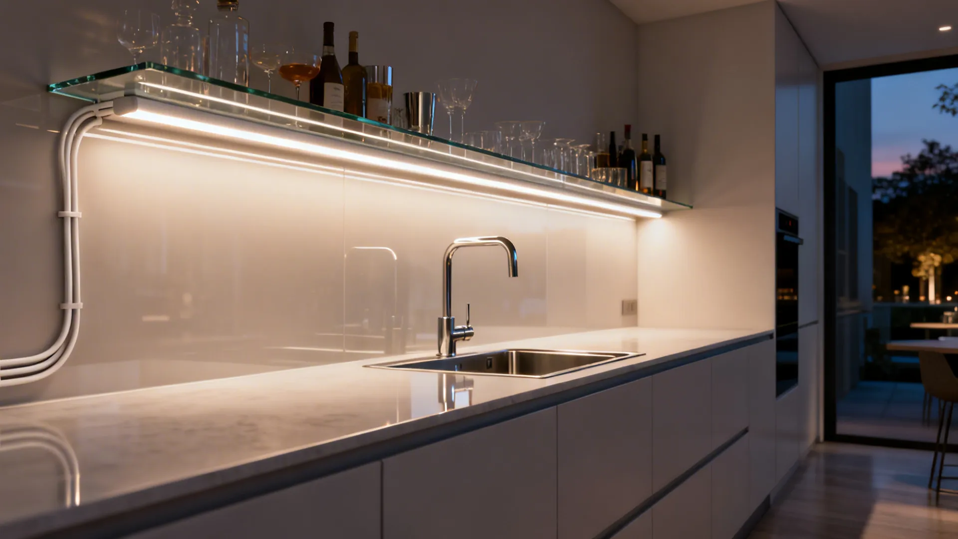Tempered glass over-sink shelf with an integrated LED strip lighting the backsplash.