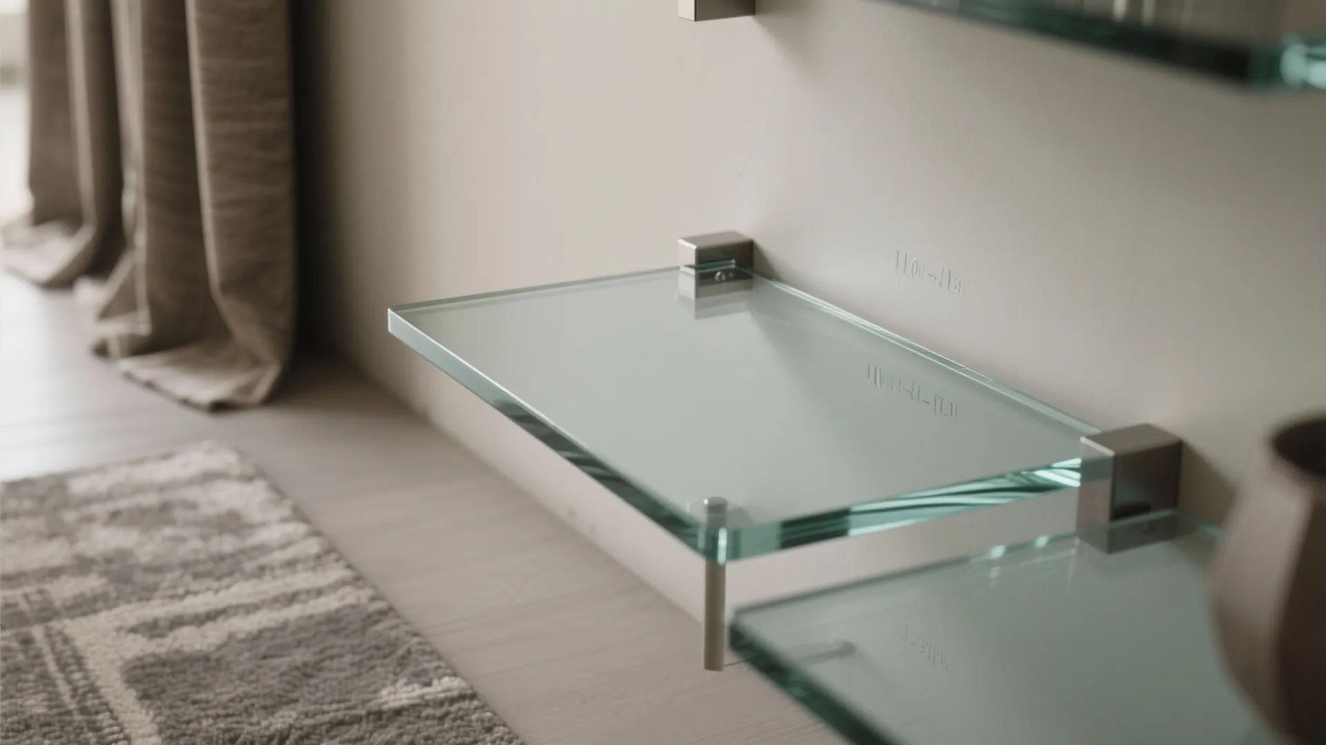 Macro of glass-backed shelving depth, tempered glass, and matte metal brackets with soft reflections.
