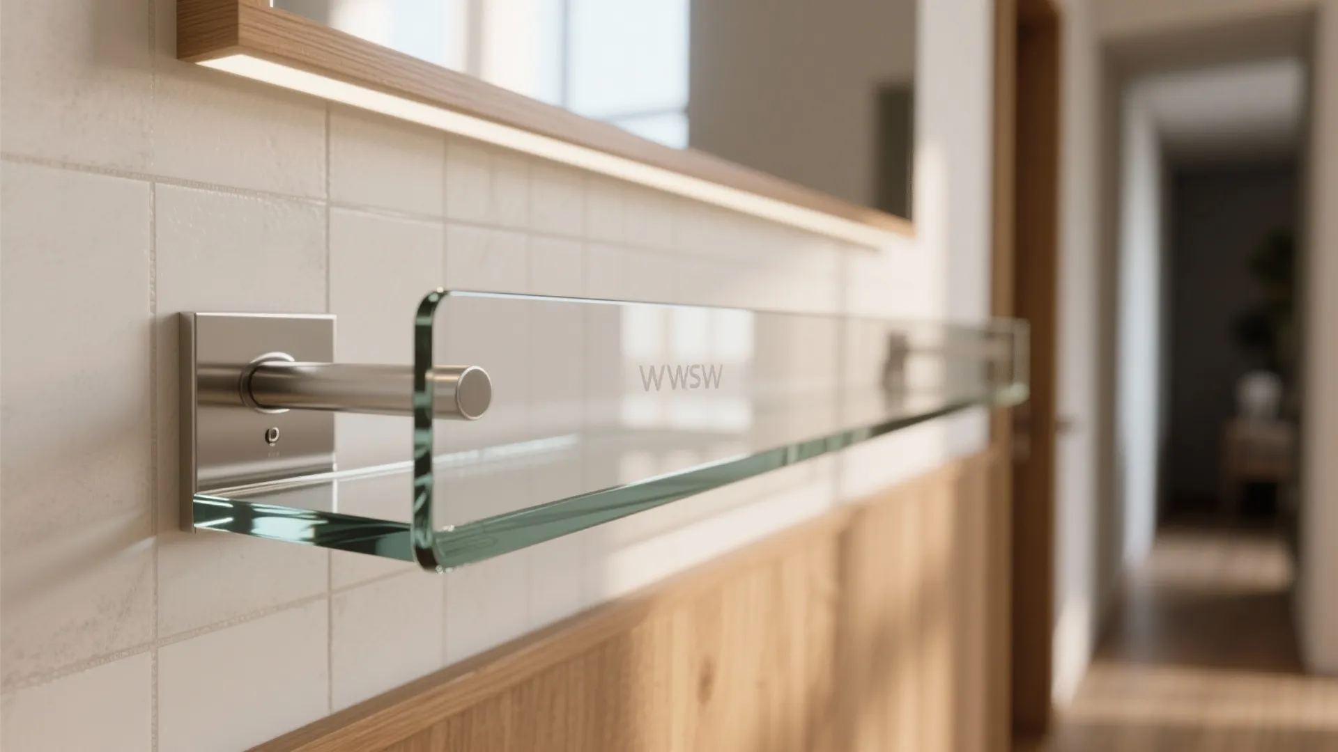 Close up view of a glass shelf with metal wall mount on white tile bathroom wall