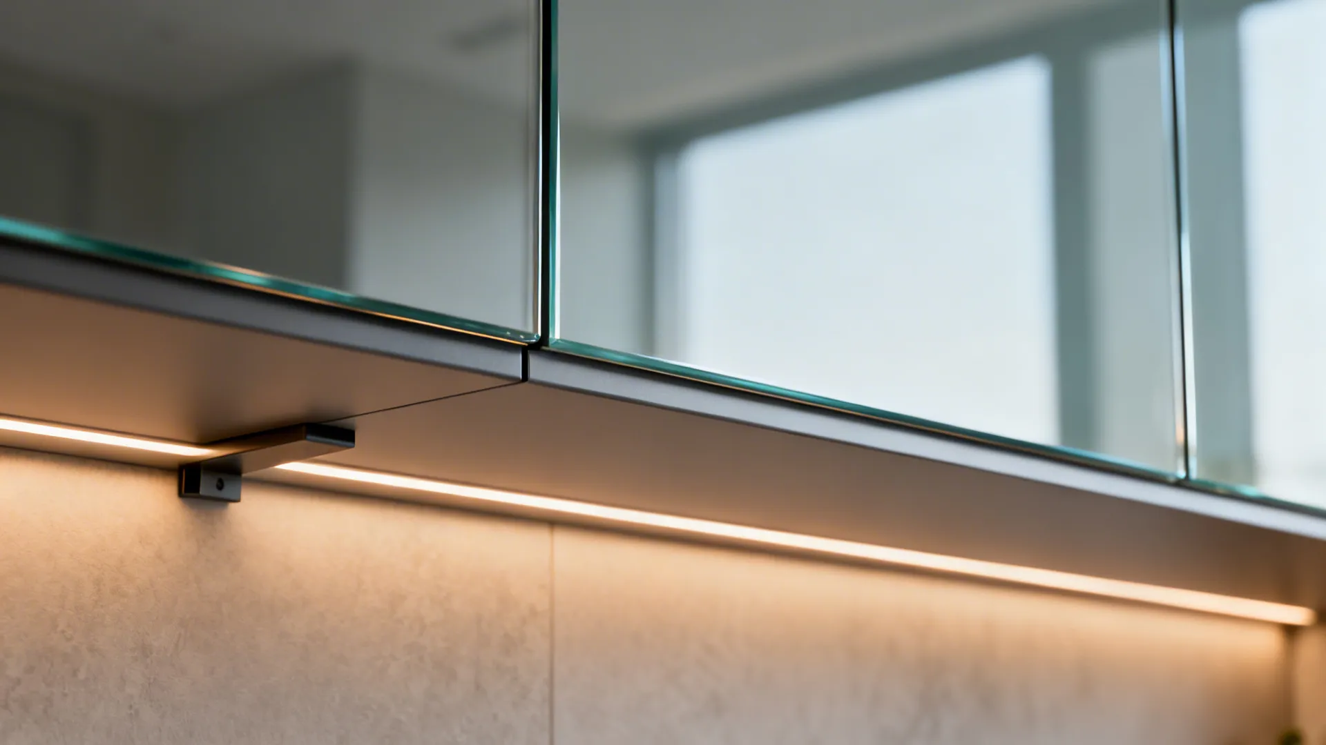 Macro detail of back-painted glass backsplash and a slim floating shelf with warm LED light.