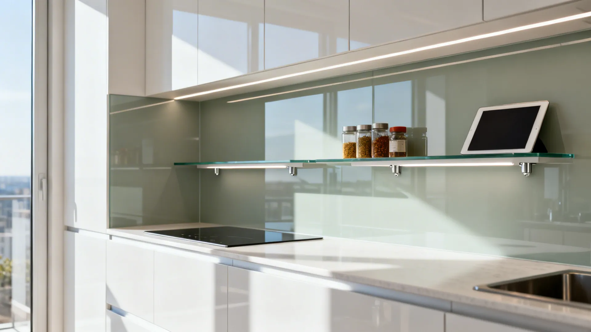 Compact kitchen with slim raised service shelf and satin back-painted glass splash.