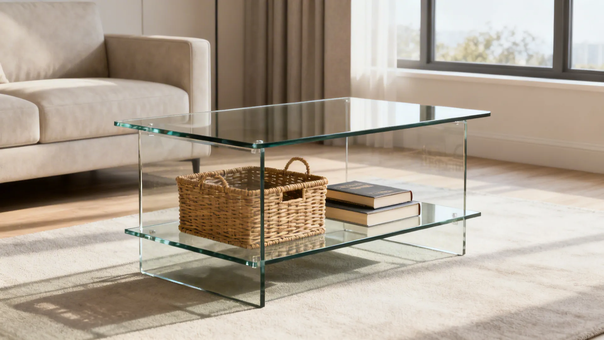 Glass end table with a built-in lower shelf holding baskets and books for neat storage.