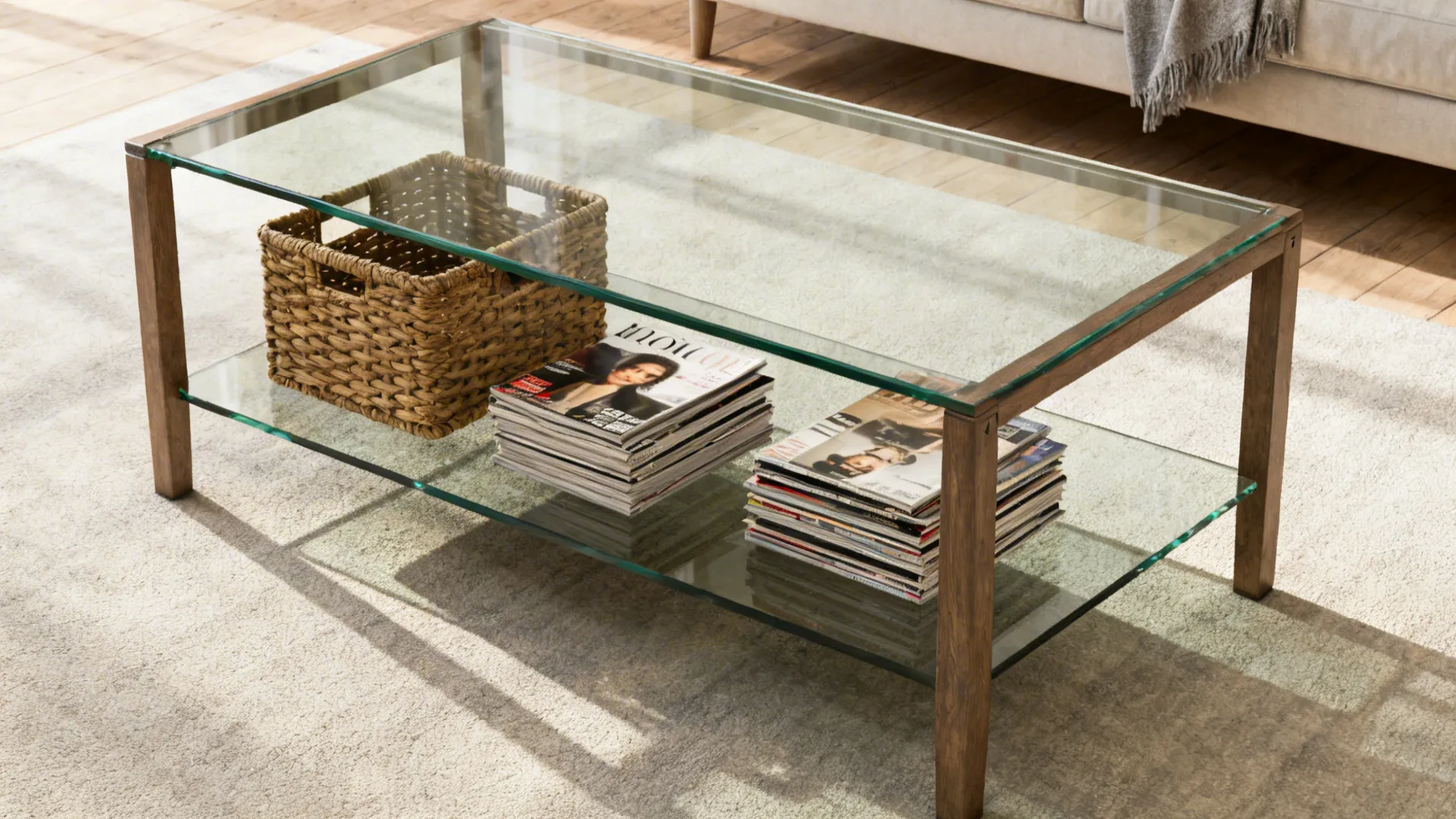 Glass coffee table with an integrated lower shelf showing organized baskets and magazines