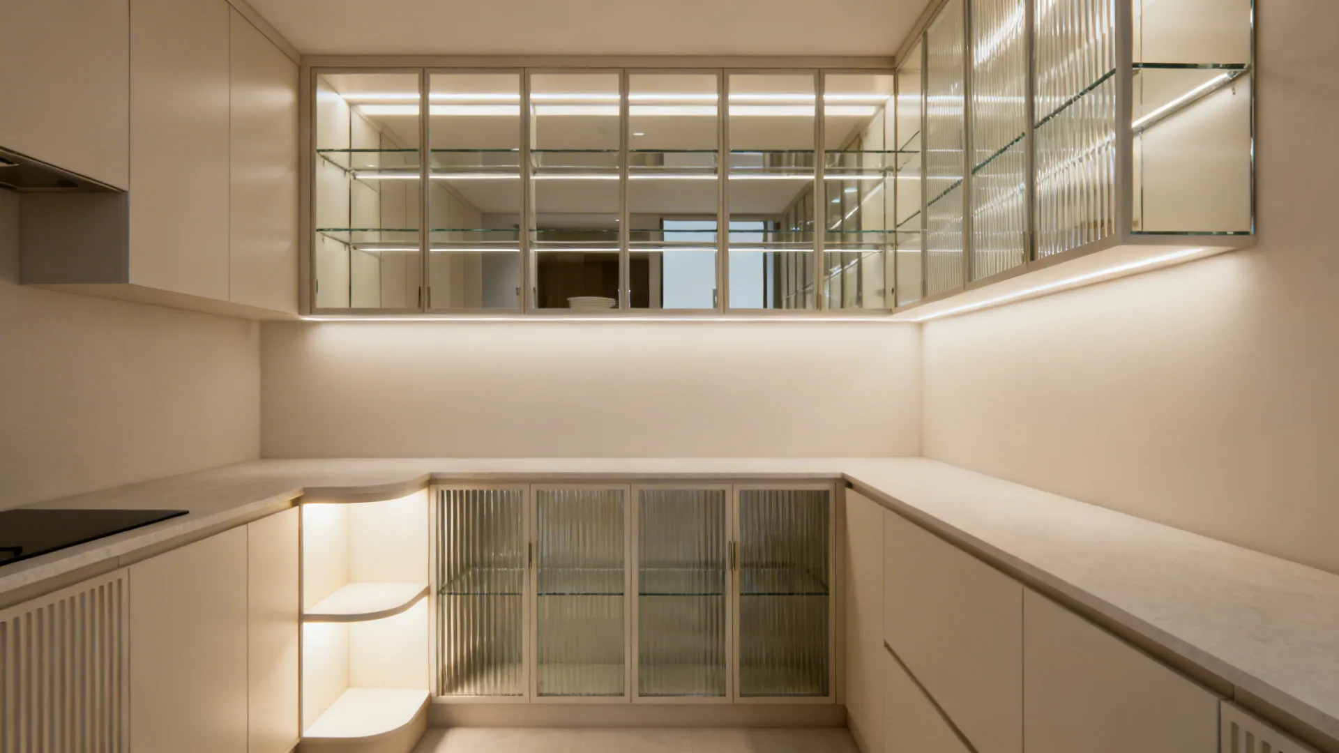 Small modern kitchen uniting backlit, mirrored, fluted, and edge-lit glass shelf ideas in a cohesive look.