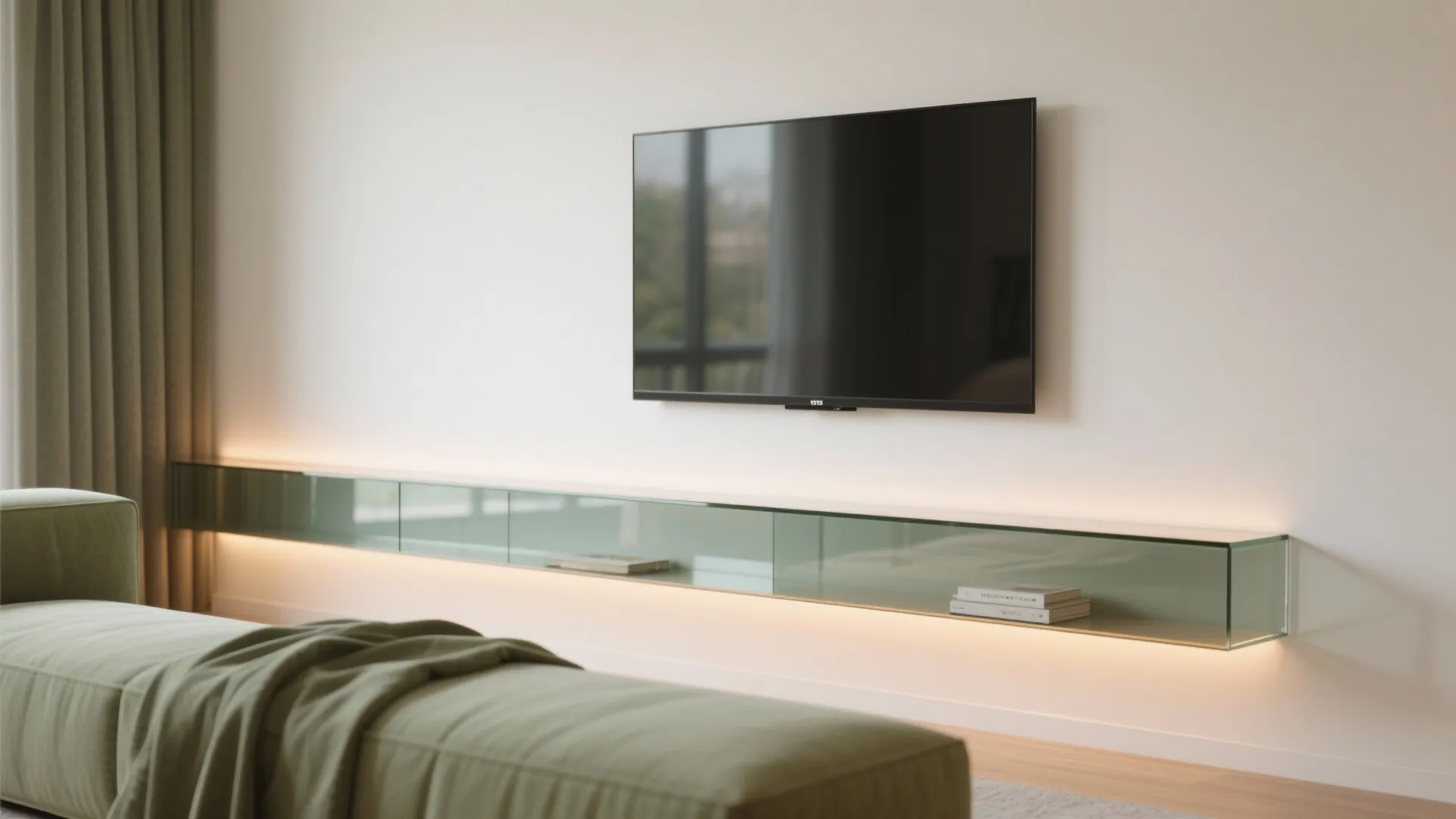 Glass-backed shelving to lighten the TV wall