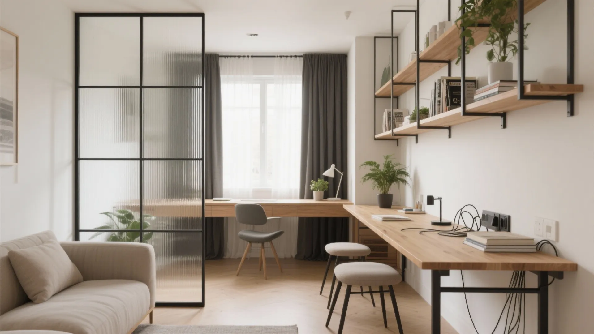 Modern home office area with wooden desks glass partition wall black curtains and open wall shelves