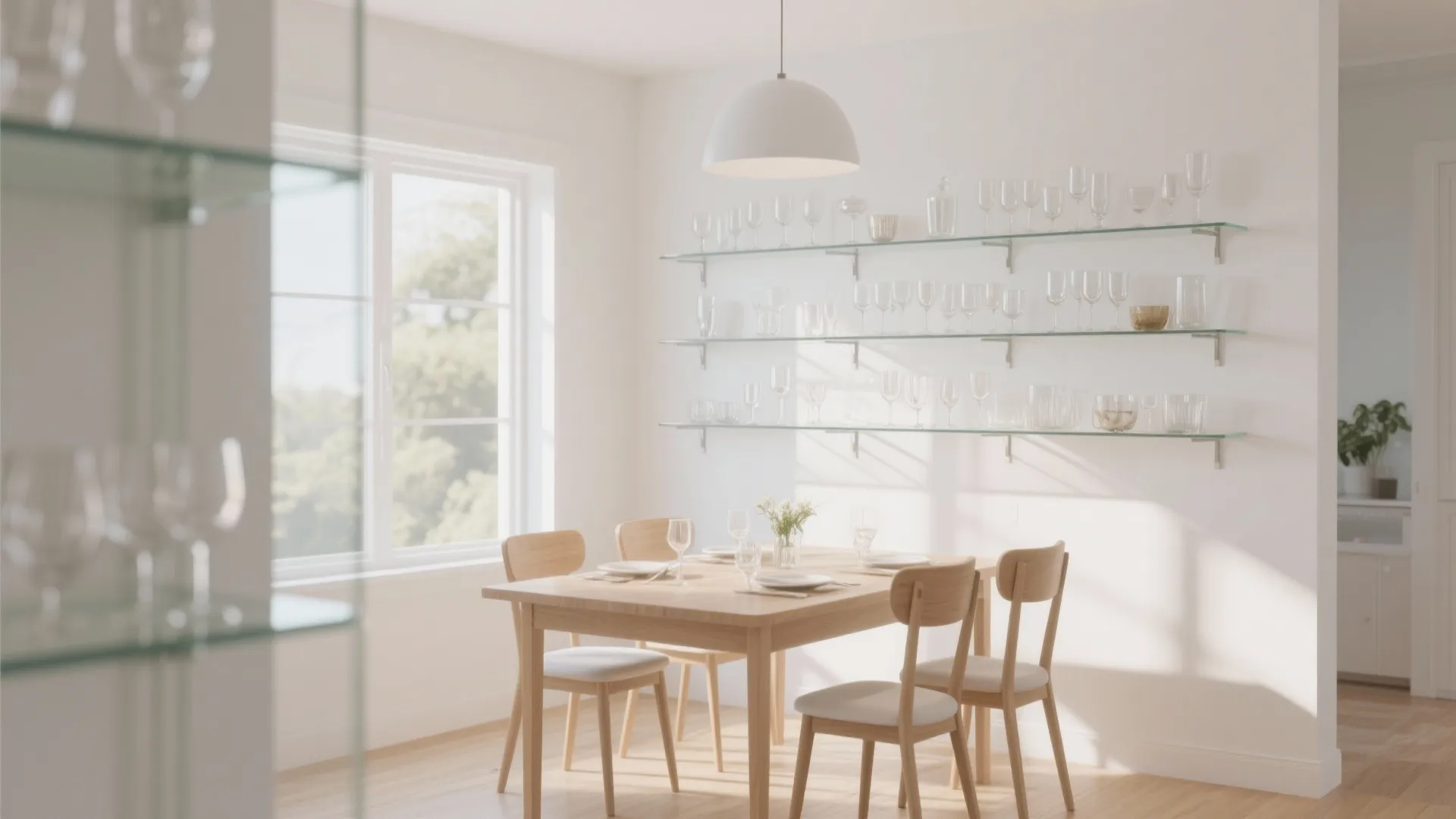 Bright dining area with wooden furniture white walls glass wall shelves and large white ceiling light