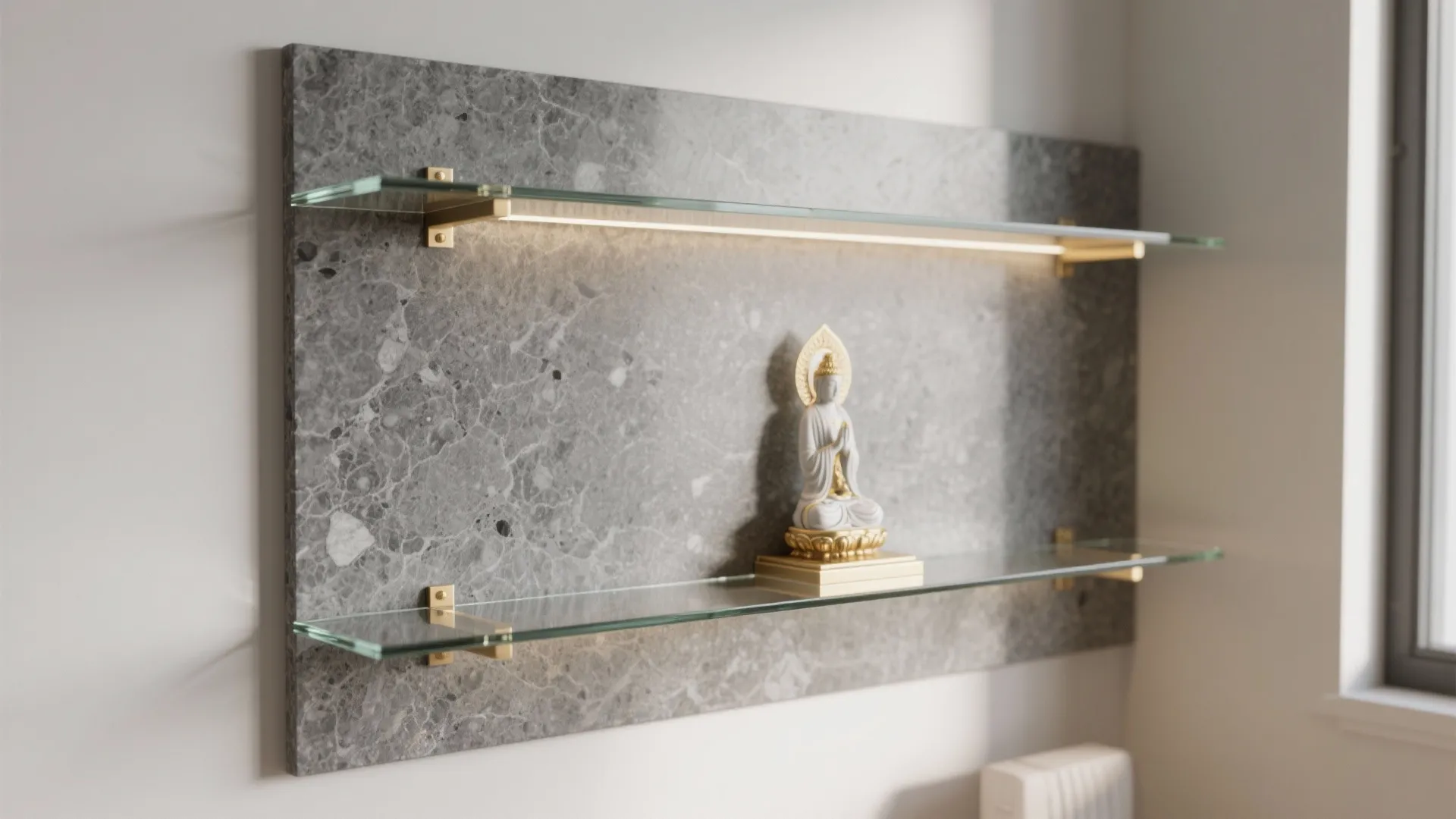 Modern grey marble wall panel with clear glass shelves and a small white buddha statue