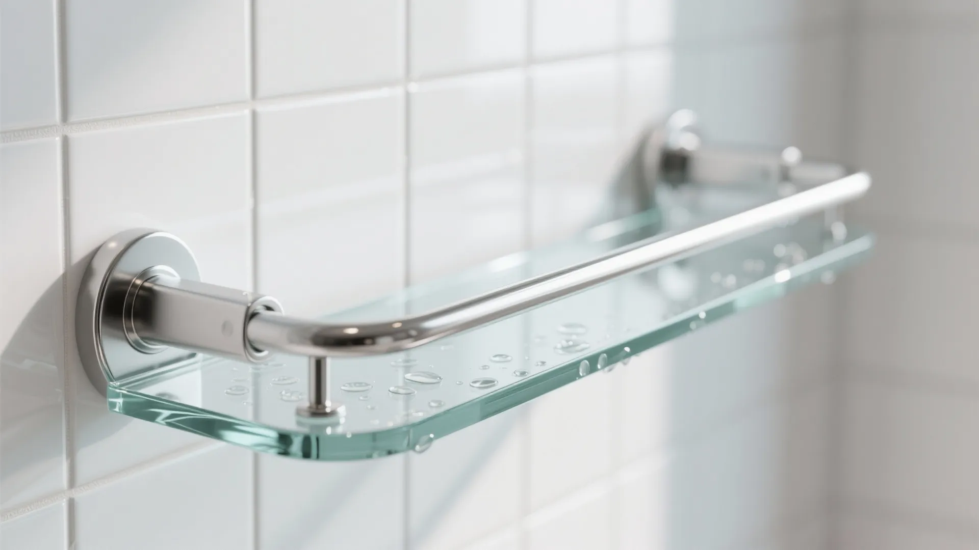 Close-up of a tempered glass shelf with rounded polished edge and a chrome bracket on white tile.