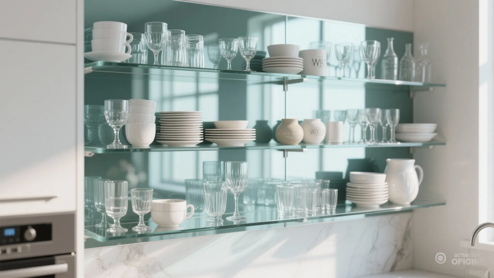 Modern kitchen glass shelves with white plates and drinking glasses against a teal blue background