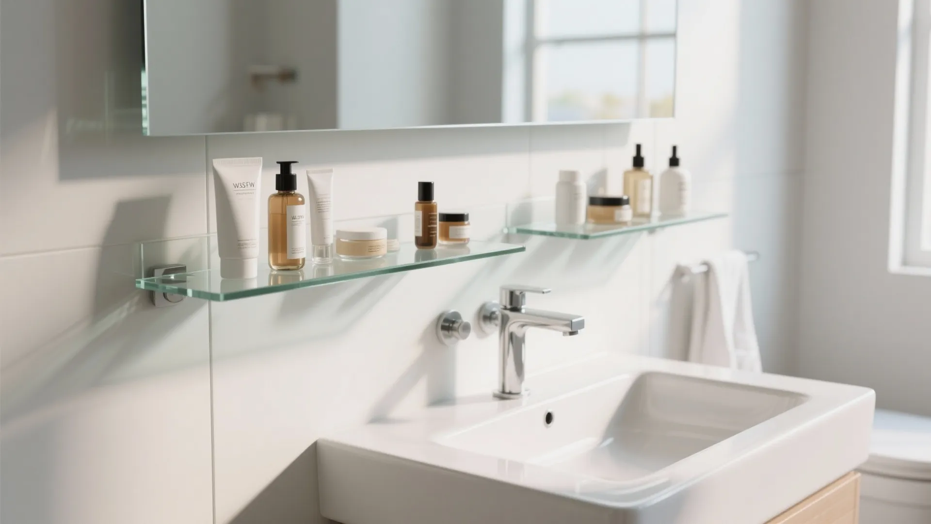 3. Glass Shelving Above Sink