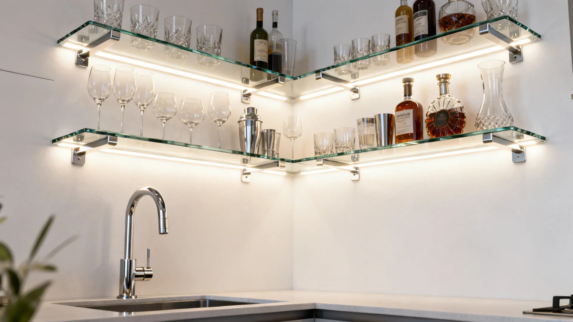 Tempered glass corner shelves with warm LED lighting in a bright kitchen.