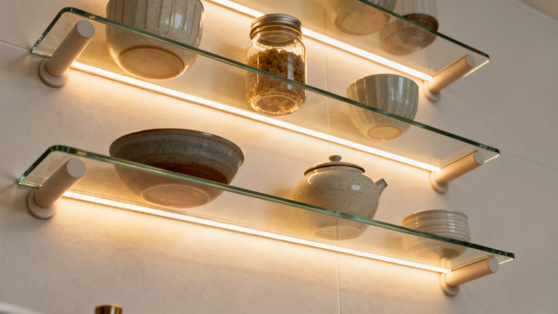Tempered glass shelves with warm under-cabinet LEDs illuminating ceramics and jars.