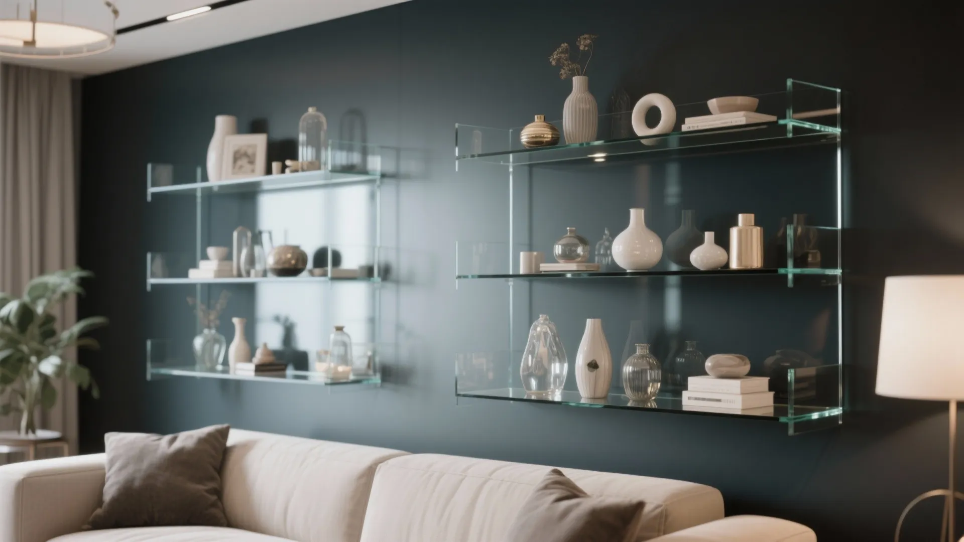 Frameless glass shelves against a dark wall with decorative items