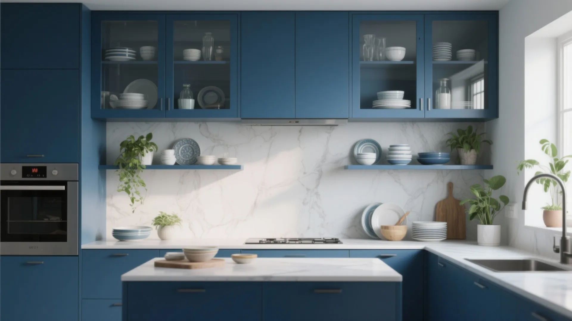 4. Integrate open shelving and glass fronts