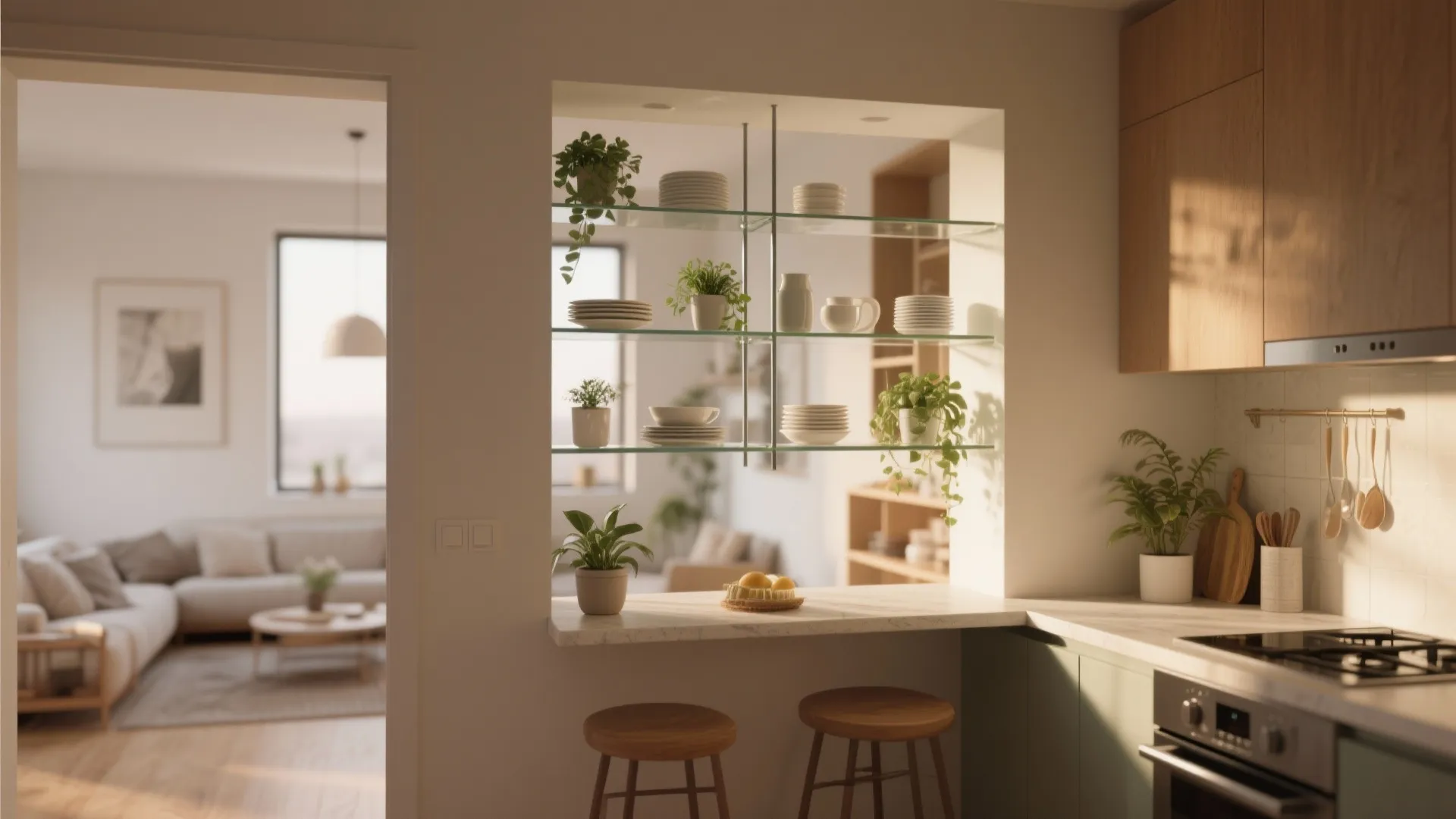 Kitchen breakfast bar with glass shelves holding white dishes and green plants near a living room
