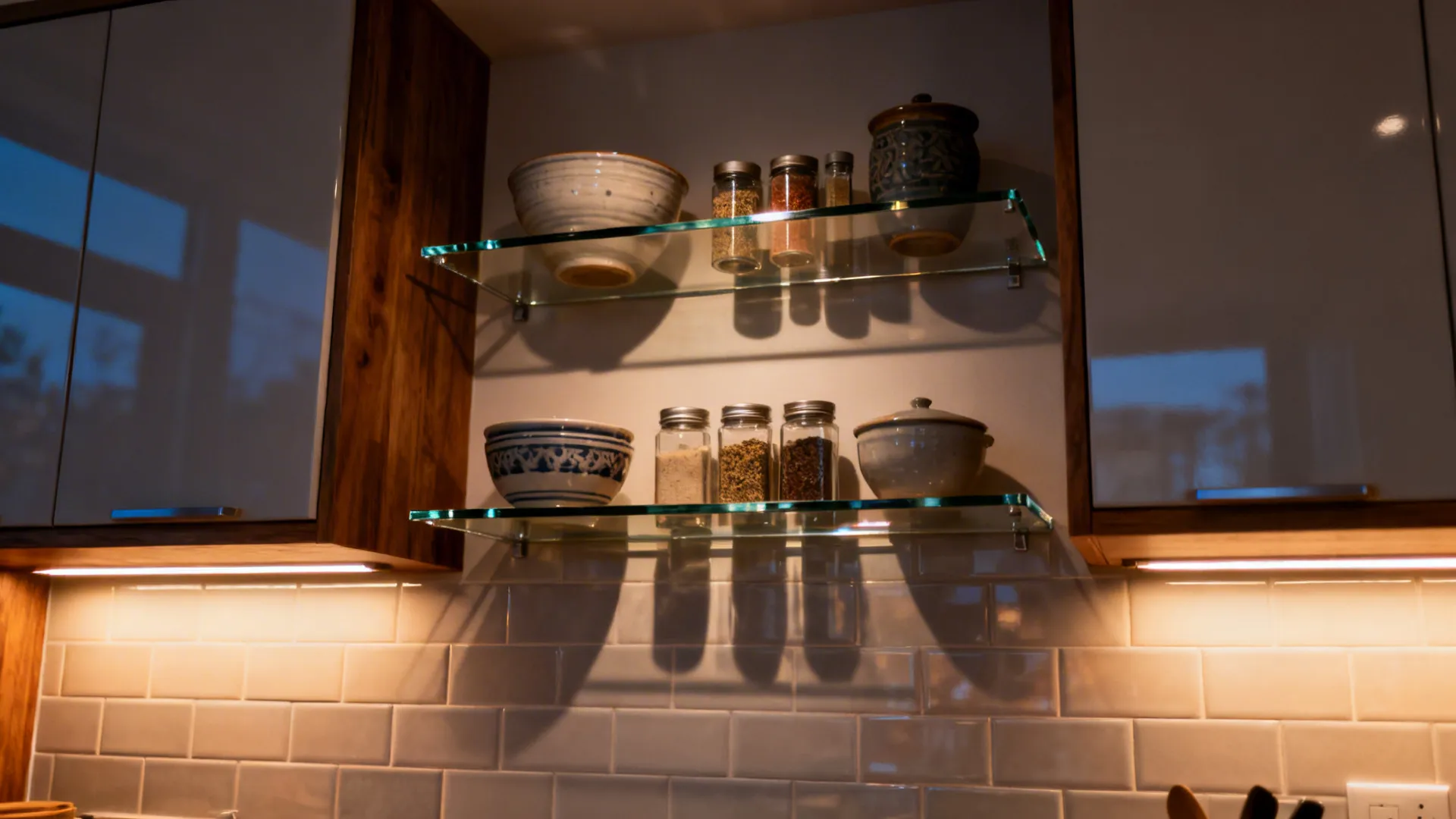 5) Glass Shelves with Under-Cabinet Wash Lighting
