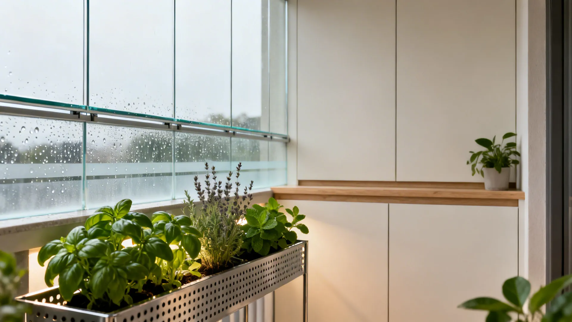 Half-height tempered glass shield with a perforated herb shelf keeping light while blocking splash.