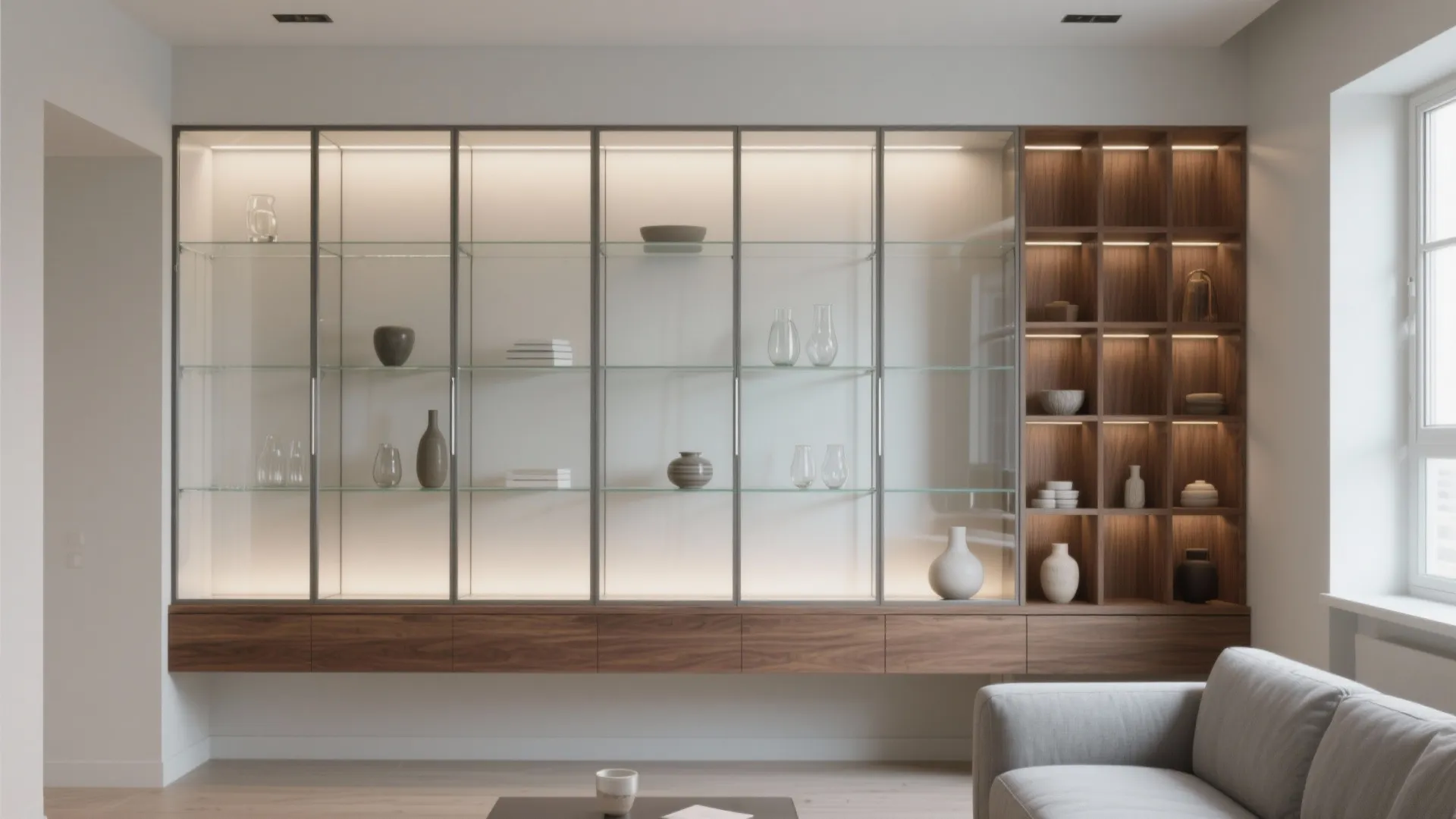 Large wooden wall cabinet with glass doors interior lighting and decorative vases in living room