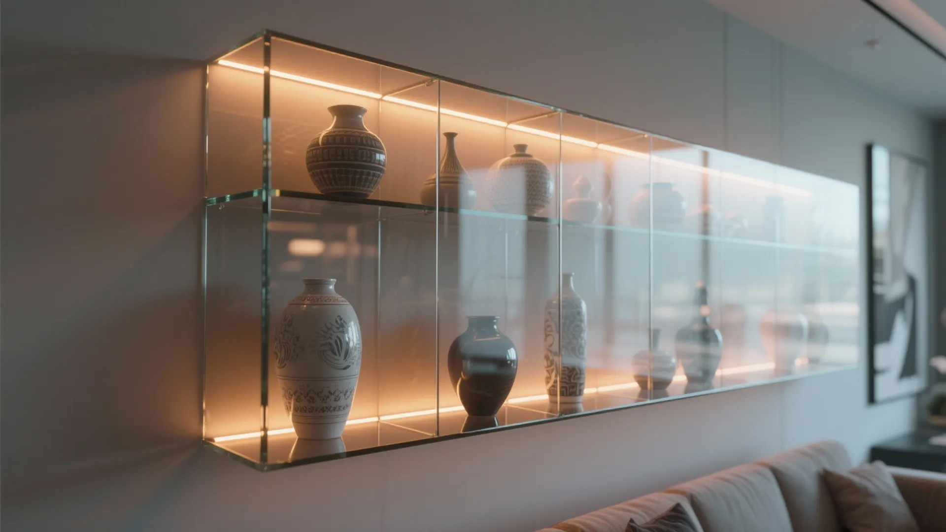 Modern glass wall cabinet with light fixture displaying several ceramic vases in a bright room