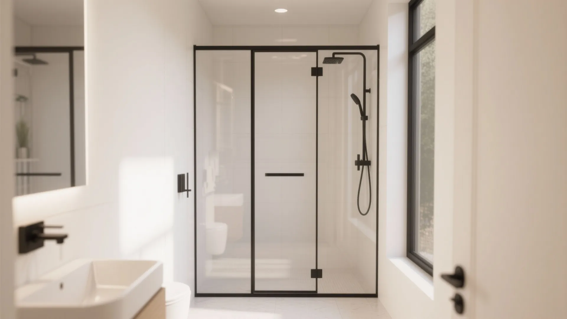 Bright bathroom with black framed glass shower door black shower head white sink and large window
