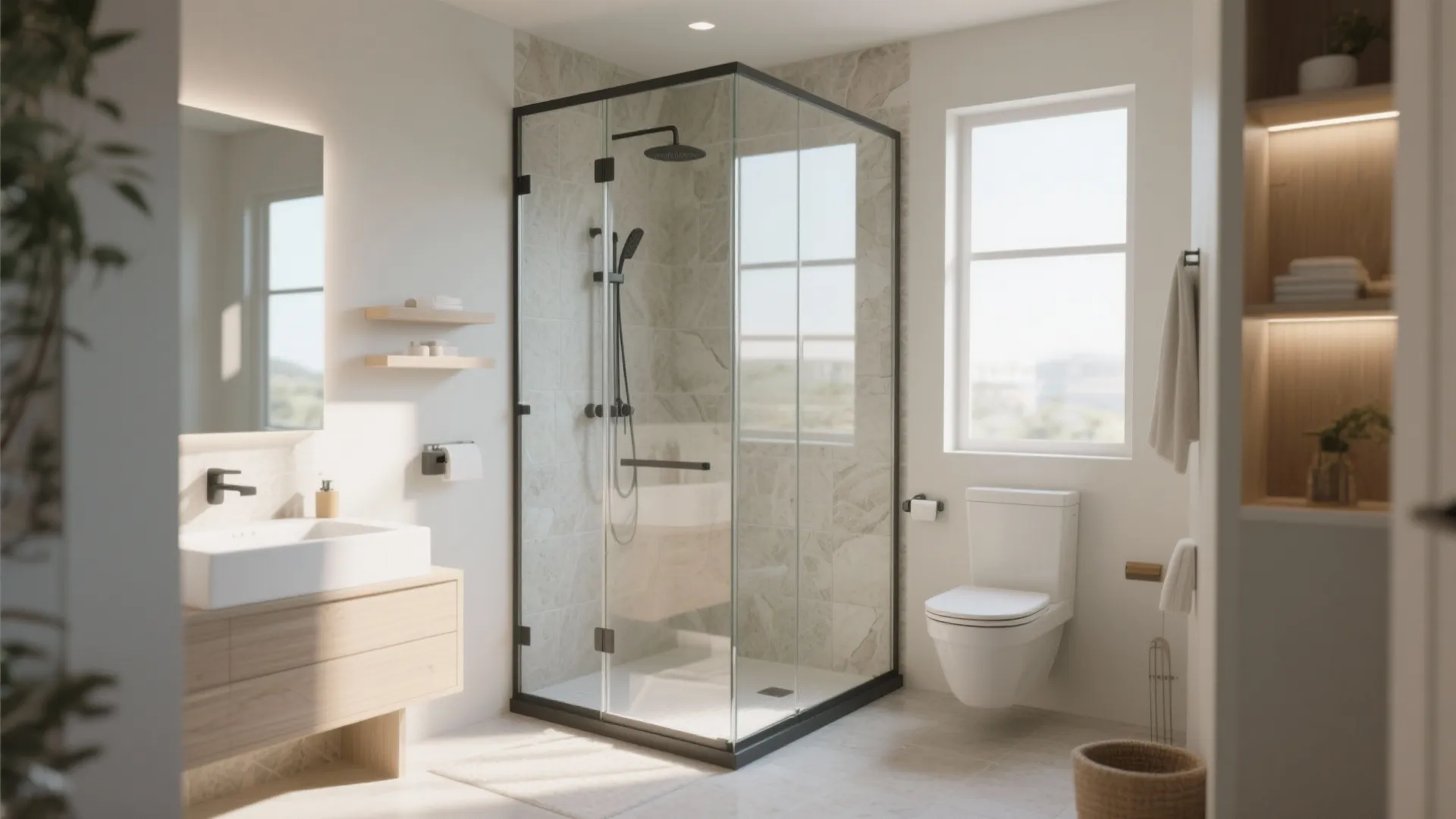 Bright bathroom with black frame glass shower, wooden vanity, white toilet, and a large window.