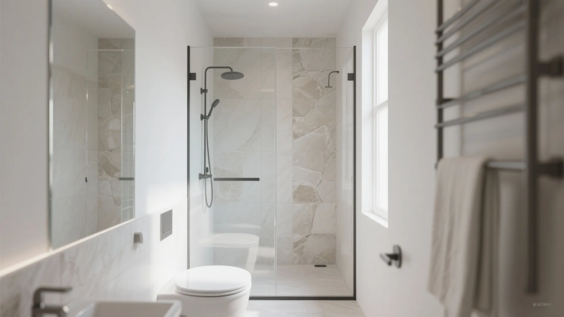 Modern bathroom featuring glass shower cabin black shower head white toilet mirror and large window