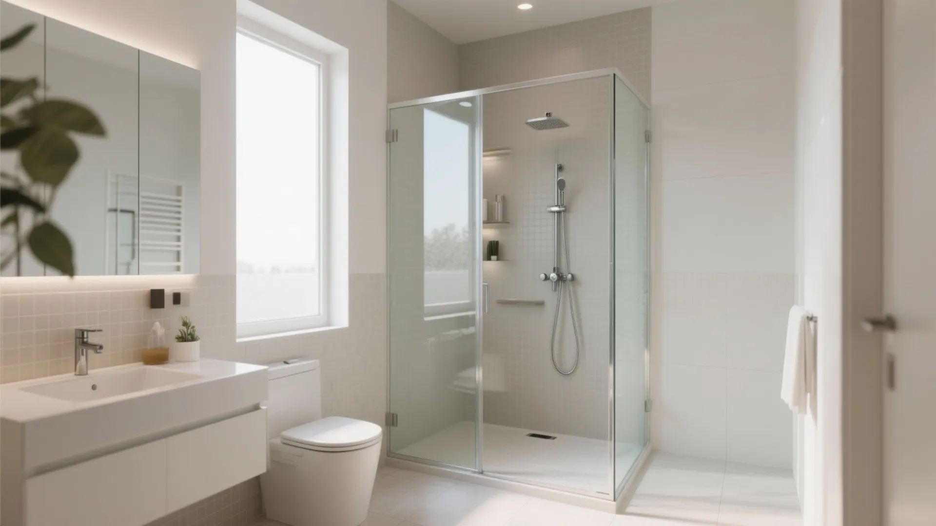 Clean modern bathroom with glass shower door white toilet wash basin and a bright window