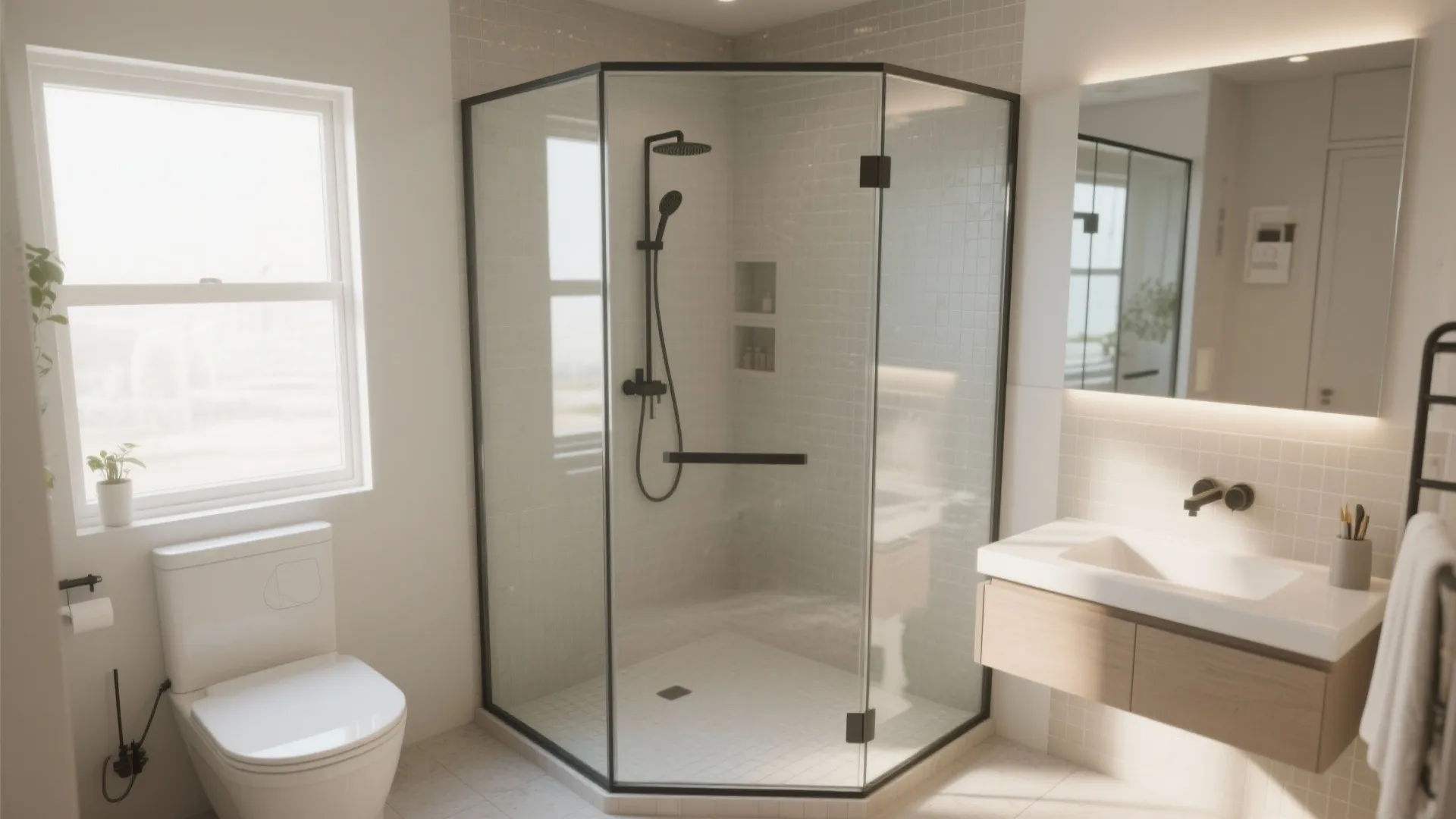 Modern bathroom featuring corner glass shower with black frame white toilet and wooden sink unit