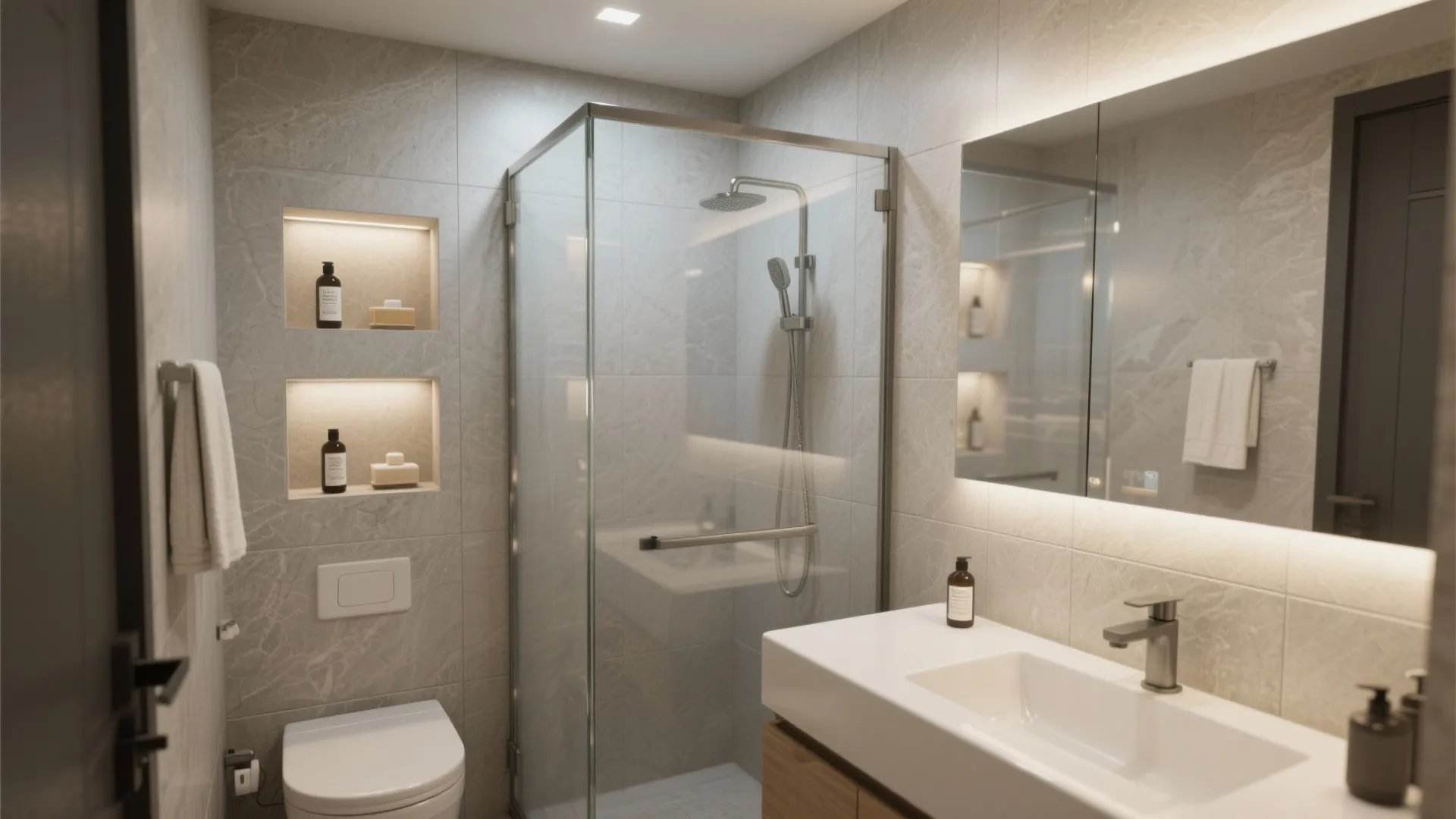 Modern bathroom with glass shower enclosure stone wall tiles lighted wall niches sink and mirror