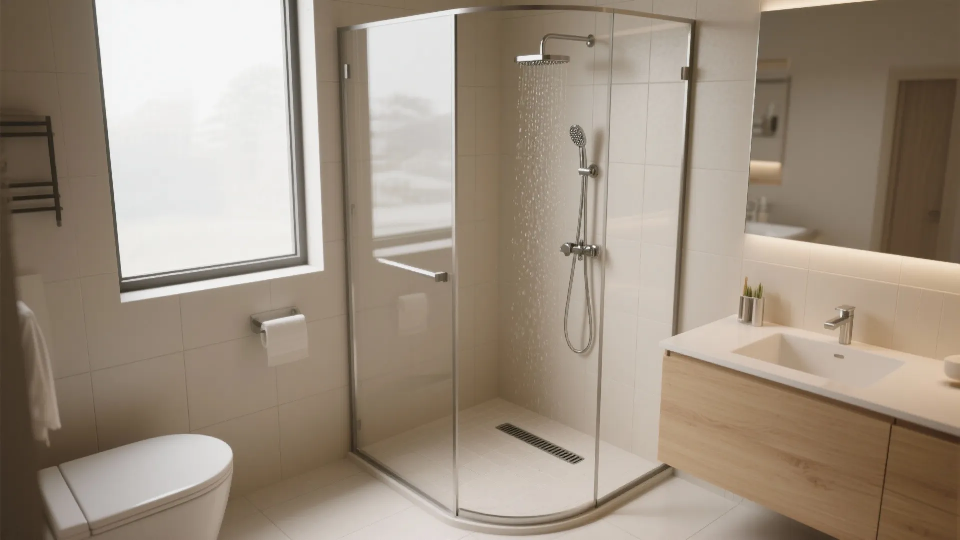 1. Glass Walk-In Shower with a Corner Drain