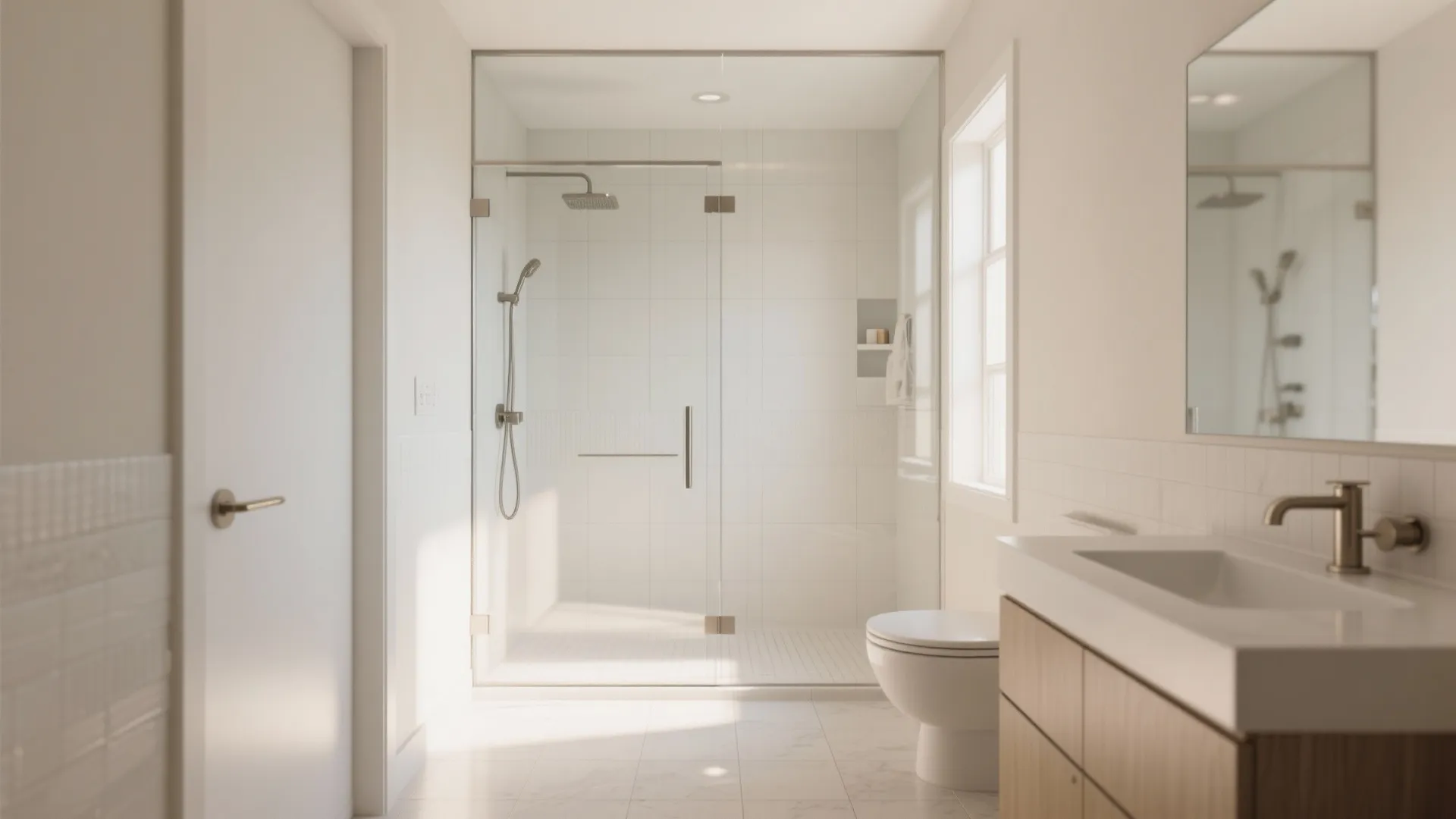 Frameless glass shower and a light, continuous palette