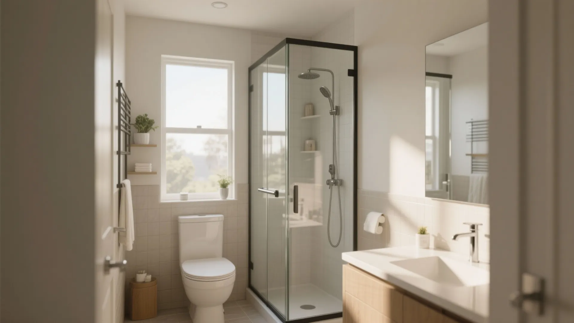 Bright bathroom interior featuring glass shower door white toilet wooden cabinet and a small window