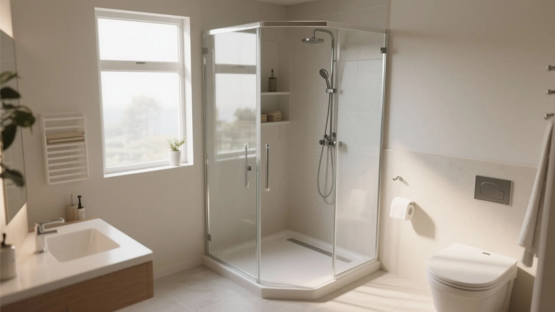Modern bathroom with glass shower cabin white toilet sink cabinet and window in natural light