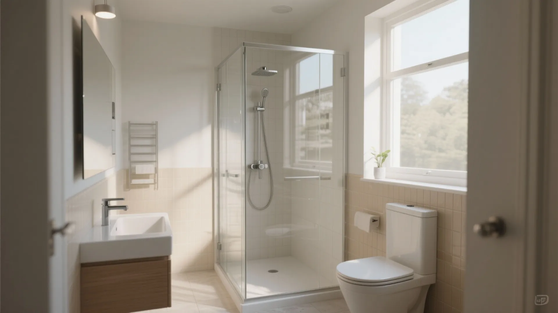 Modern bright bathroom featuring glass shower cabin white sink wooden cabinet toilet and large window view