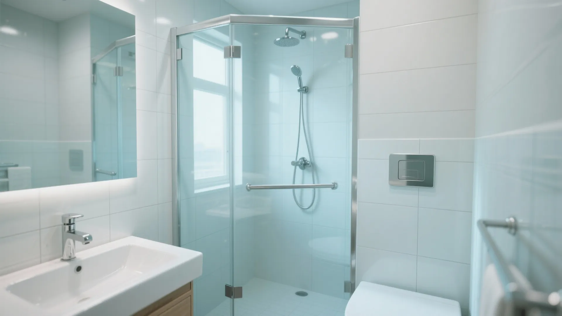 Bright bathroom with frameless glass shower doors