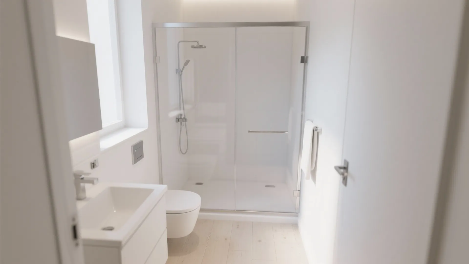 Small modern bathroom with glass shower door white sink toilet wooden floor and bright clean walls