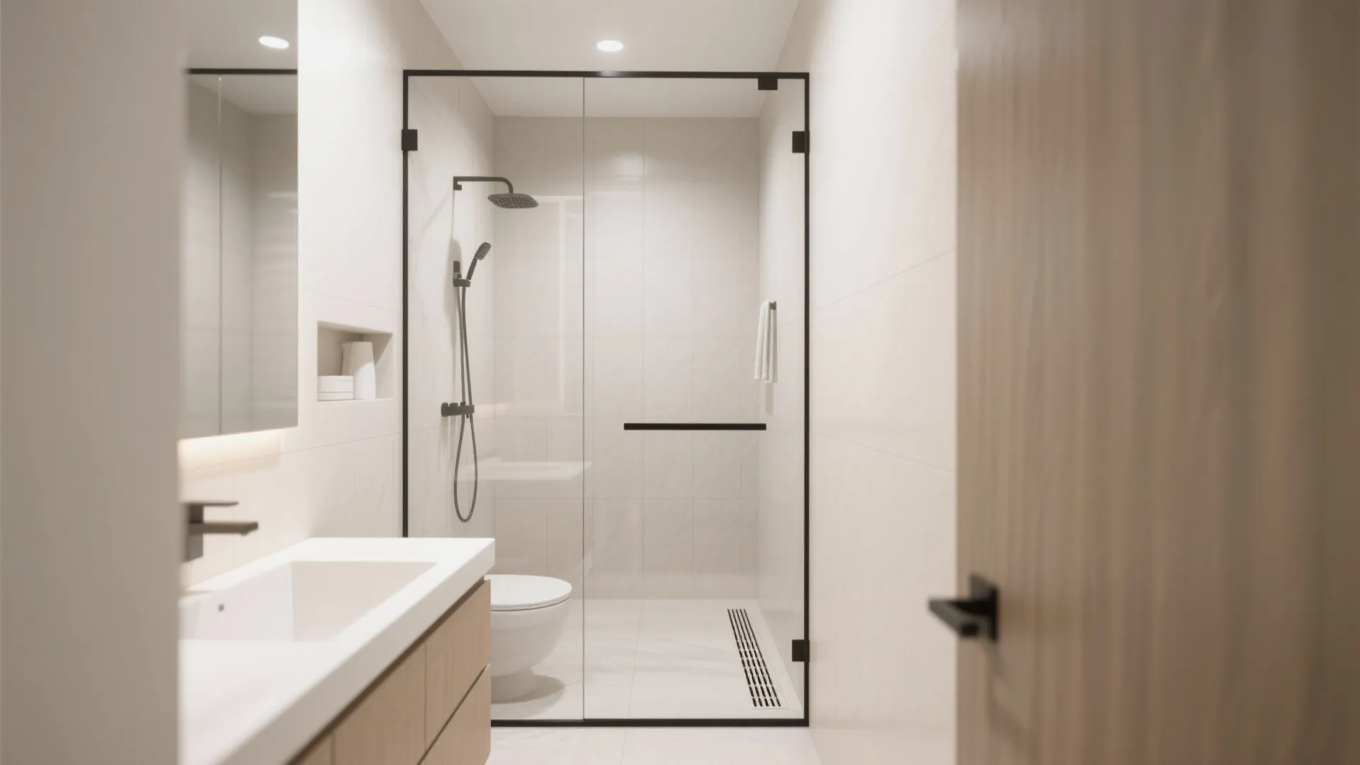 Modern bathroom featuring glass shower door with black frame white toilet and wooden vanity cabinet