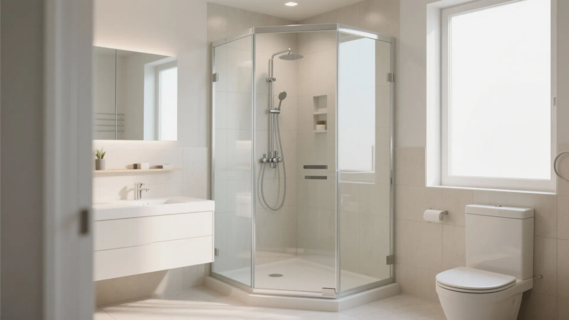 Bright bathroom with a glass corner shower unit white vanity cabinet toilet and large window