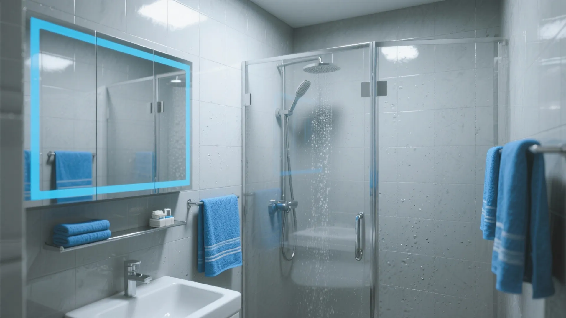 5. Glass Shower, Blue Accents, and Reflective Gray Surfaces