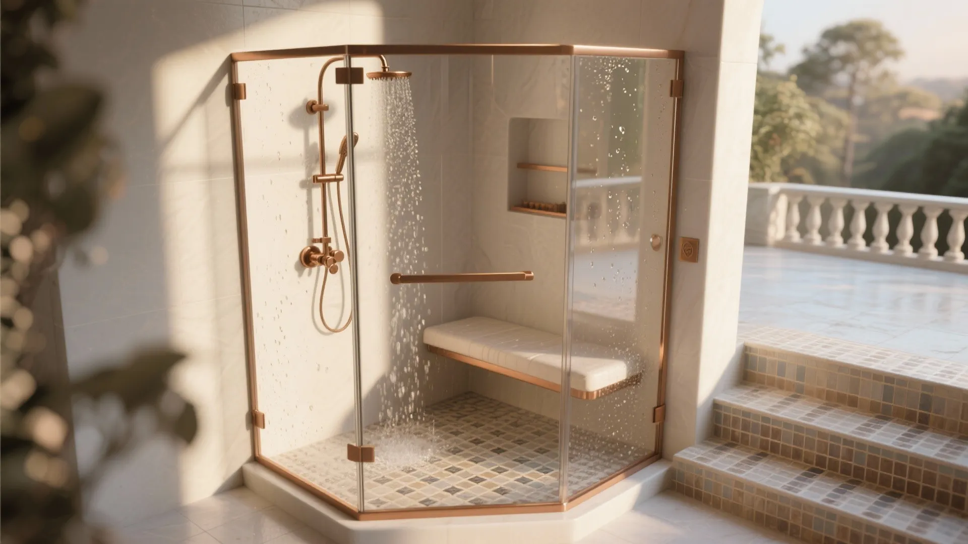 5. Glass-enclosed shower with bronze accents