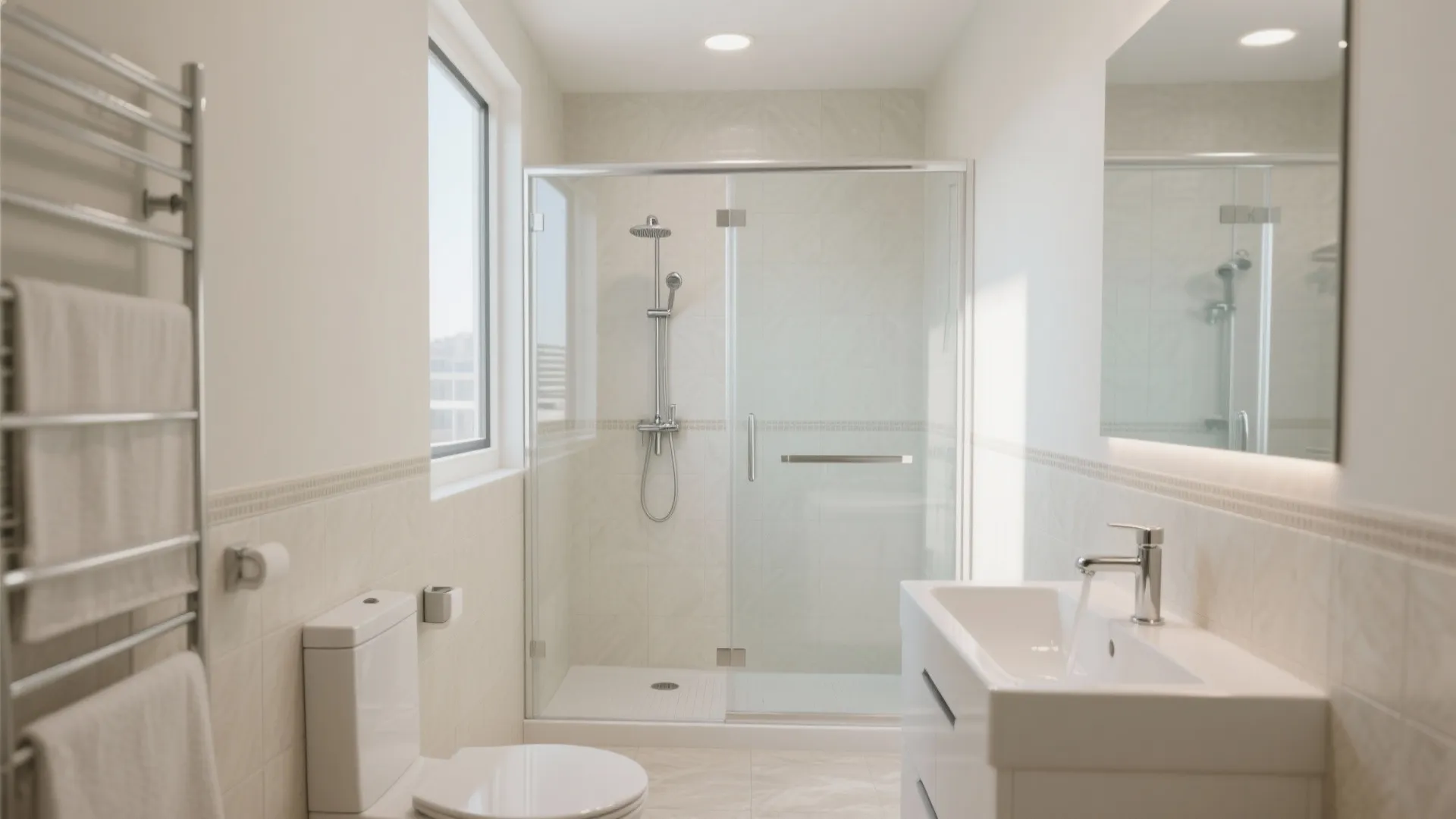 Bright compact bathroom with glass shower door white toilet sink mirror and metal towel drying rack