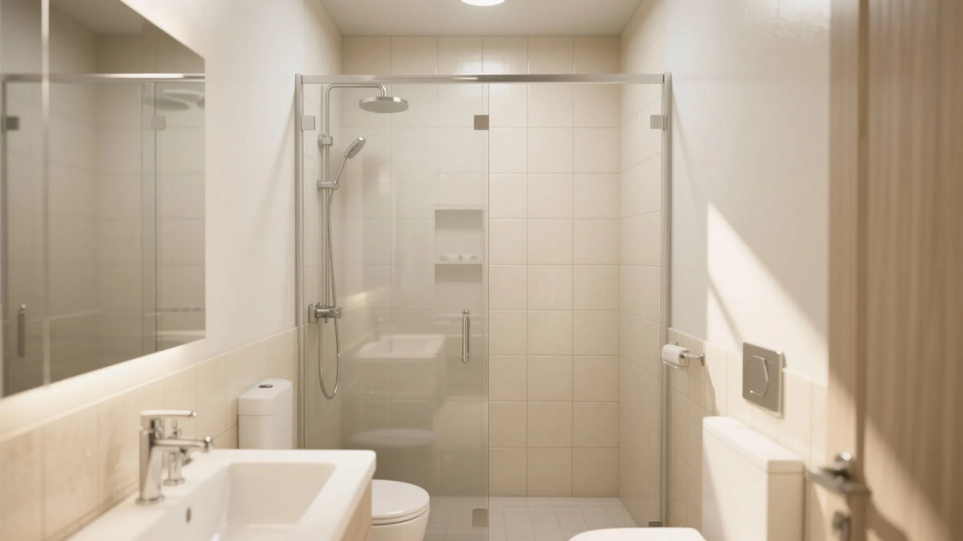 Small bathroom with clear glass shower doors and chrome handles