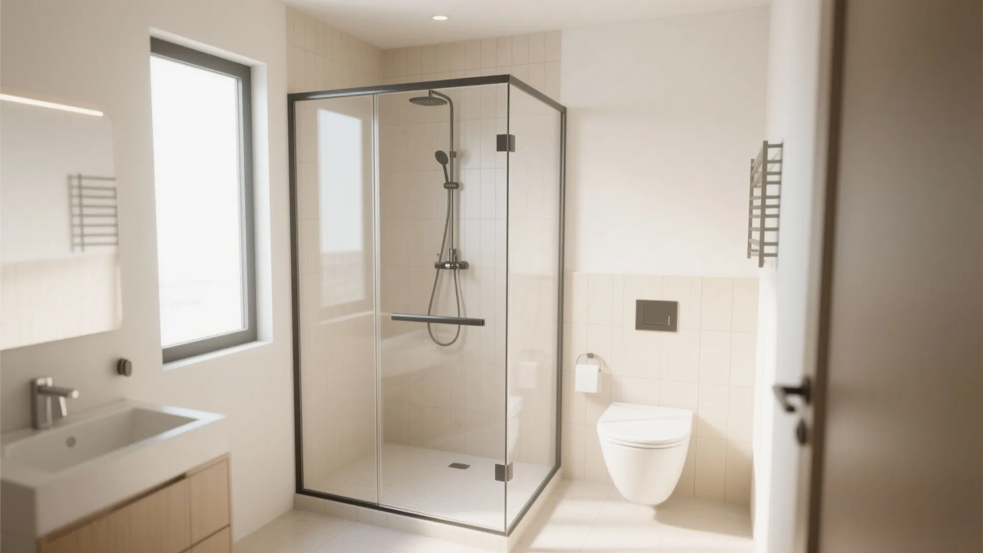 Minimalist bathroom interior featuring a glass shower door black frame white toilet and small window