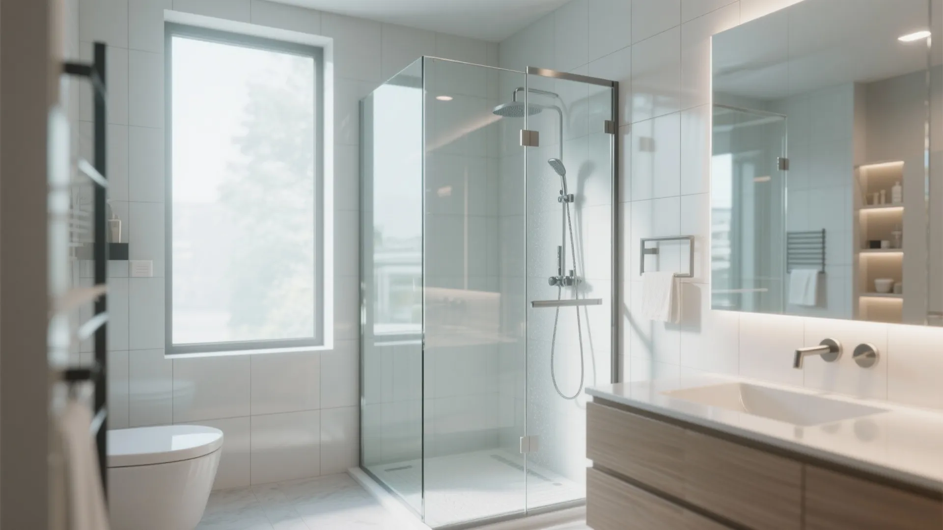 Bright modern bathroom with corner glass shower, white wall tiles, window, wooden cabinet, and sink