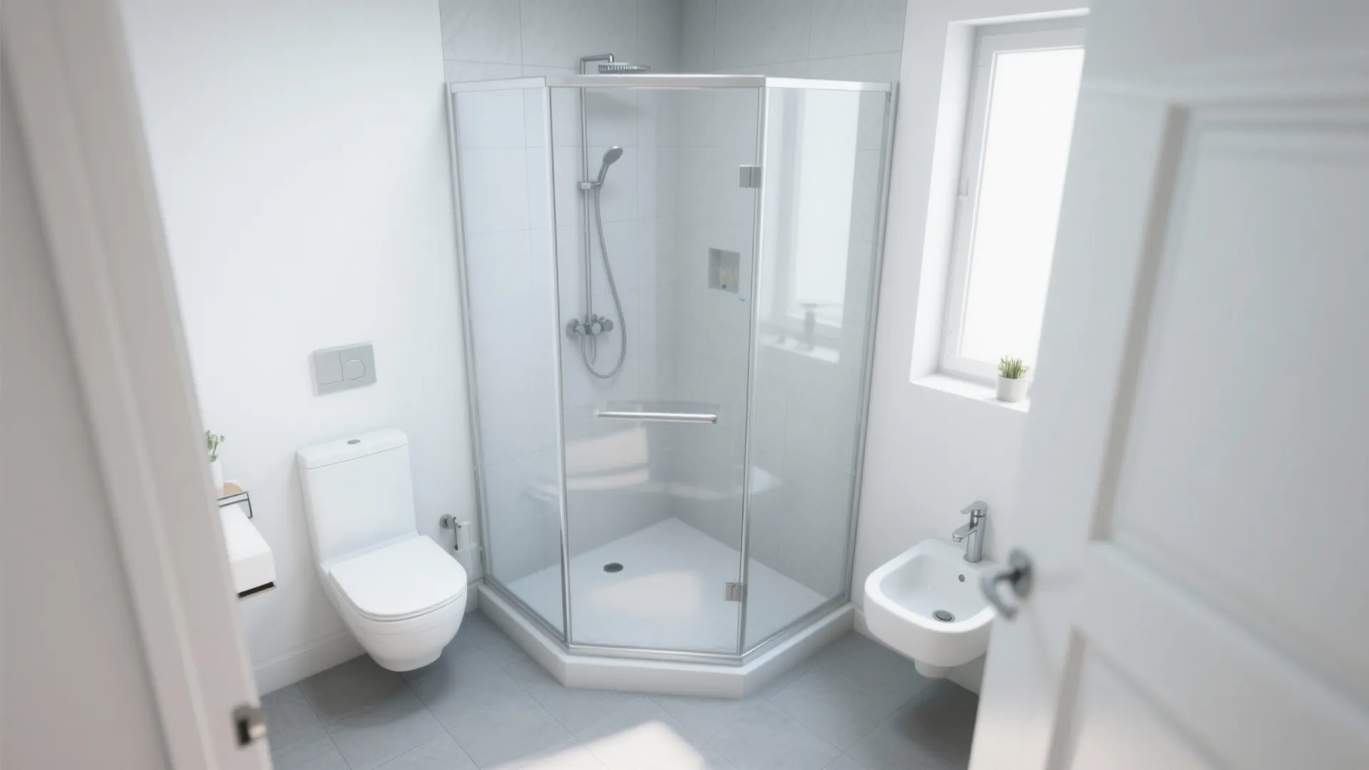 Small bright bathroom featuring corner glass shower white toilet sink window and grey floor tiles