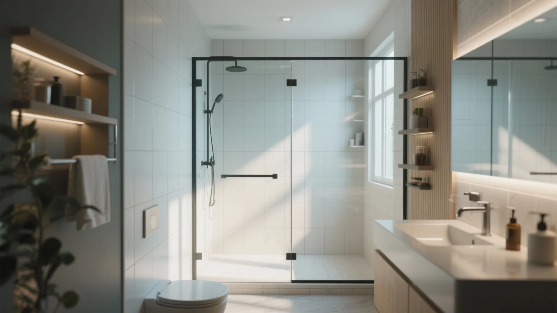 Bright bathroom with glass shower enclosure black frames white wall tiles wooden cabinet and large mirror
