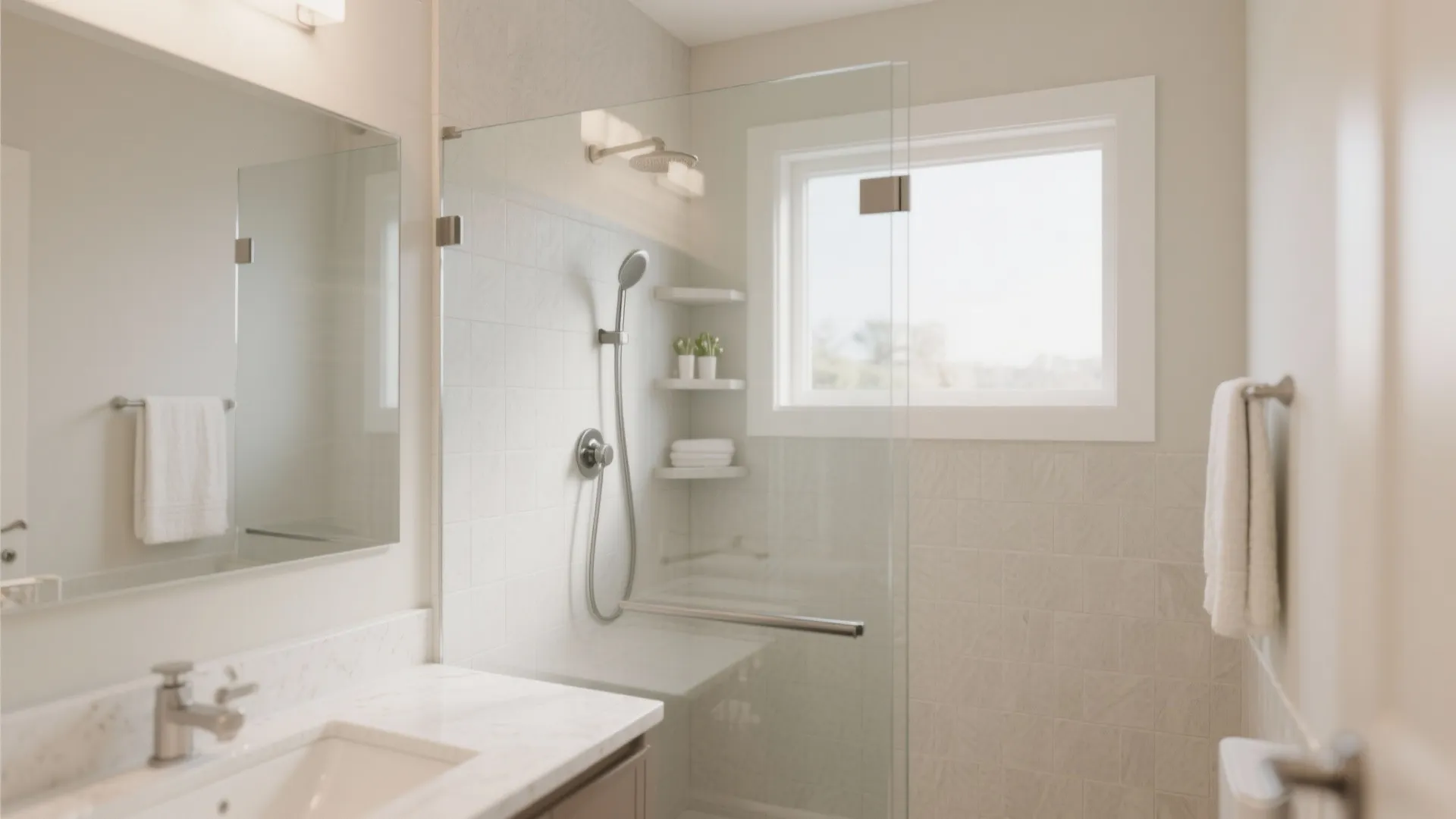 Bright bathroom interior featuring glass shower doors white sink marble counter and large wall mirror