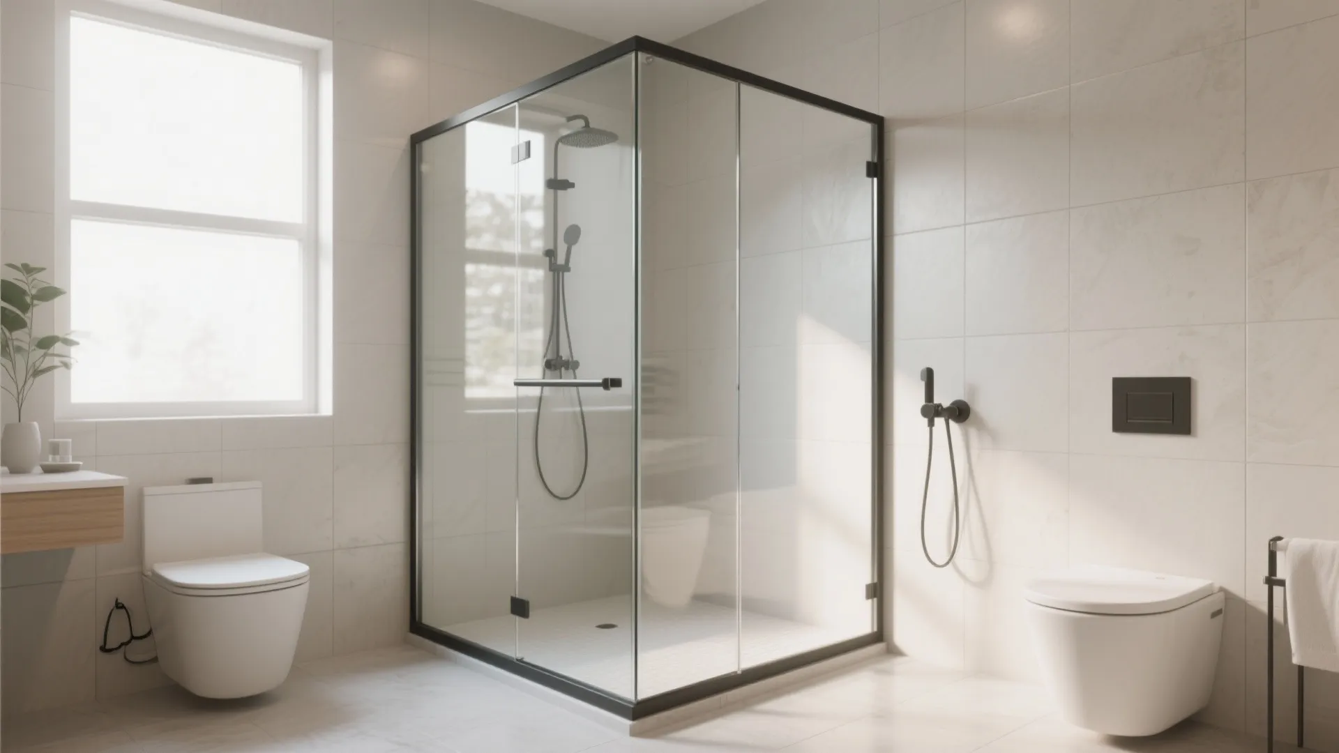 Modern bathroom with black frame glass shower doors white toilet tiles and a bright window