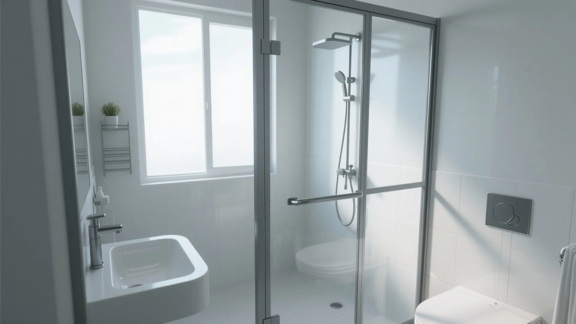 Bright white bathroom with glass shower door, square sink, window, and wall mounted toilet button